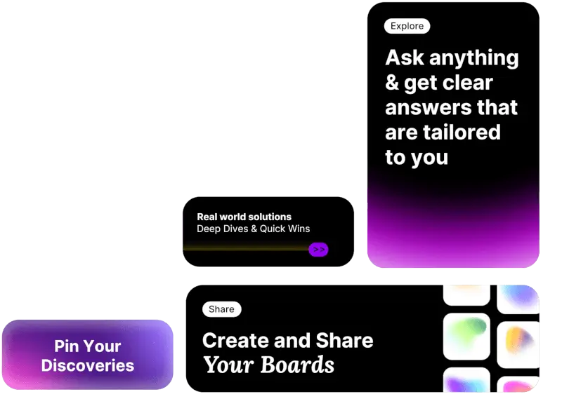 re-RIGHT's features. Ask anything and get clear insights tailored to you, create and share board and pin discoveries.