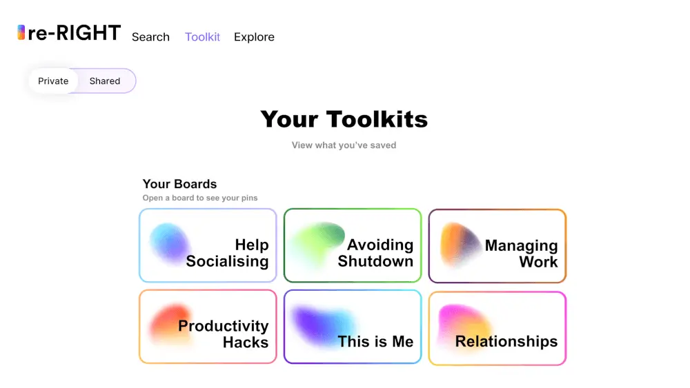 The toolkit page of re-RIGHT where users can pin and view their discoveries.